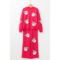 Strawberry Pink Sequin Father Christmas Patched Casual Textured 2pcs Pants Set - XL thumbnail