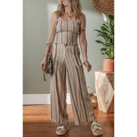 Multicolour Vertical Striped Smocked Cami Top Wide Leg Pants Set - XL thumbnail