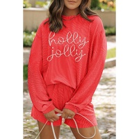 Gold Flame Rhinestone holly jolly Pattern Corded Long Sleeve Top and Shorts Set - S thumbnail