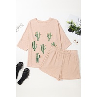 Light French Beige Cactus Forest Waffle Half Sleeve Tee Short Set - M thumbnail