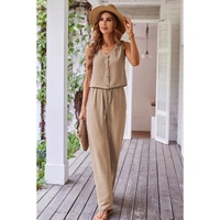 Goat Buttoned Vest Drawstring Wide Leg Pants 2pcs Set - M thumbnail