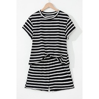 Black White Striped Short Sleeve Top and Shorts Set - S thumbnail