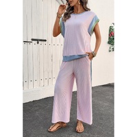 Pink Corded Colorblock Patchwork Short Sleeve Top and Loose Pants Set - L thumbnail