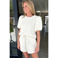 White Solid Color Checkered Texture Short 2pcs Outfit - M thumbnail