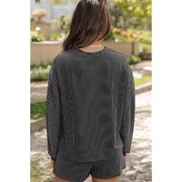 Carbon Grey Bowknot Patched Pattern Corded Long Sleeve Top and Shorts Outfit - M thumbnail