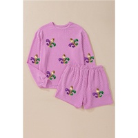 Phalaenopsis Mardi Gras Fleur de Lis Patched Corded Long Sleeve Top and Shorts - S thumbnail