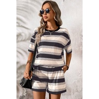 Black Stripe Short Sleeve T Shirt and High Waist Pocketed Shorts Set - L thumbnail