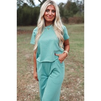 Mint Green Raglan Short Sleeve Tee and Wide Leg Pants Set - L thumbnail