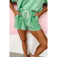 Mint Green V Neck Drop Shoulder Tee and Patchwork Drawstring Shorts Set - L thumbnail