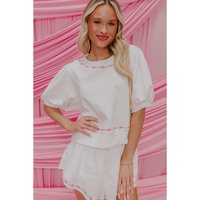 White Contrast Bow Trim Pearl Puff Sleeve Blouse and Skort 2pcs Set - L thumbnail