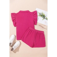 Strawberry Pink Striped Detail Flutter Sleeve Zipped Collar Short Set - M thumbnail