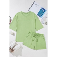 Meadow Mist Green Solid Loose V Neck Half Sleeve Tee and Shorts - L thumbnail