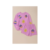 Phalaenopsis Easter Egg Patched Graphic Corded Long Sleeve Top Shorts Set - S thumbnail