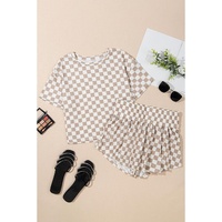 Brown Checkerboard T Shirt and High Waist Skorts 2 Piece Outfit - M thumbnail