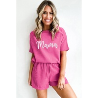 Rose Red Waffle mama Embroidered Tee and Drawstring Shorts - S thumbnail