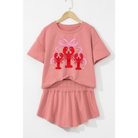 Blossom Bow Crawfish Print T Shirt and High Waist Ruffle Skorts Set - L thumbnail