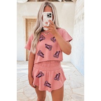 Blossom Sequined Lobster Patched Crop Tee and High Waist Short Set - L thumbnail