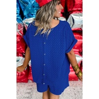 Sky Blue Sequined USA Bowknot Buttoned Back Textured Short Set - XL thumbnail
