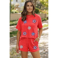 Orange Sequin USA Flag Star Graphic Corded T Shirt and Shorts Set - M thumbnail