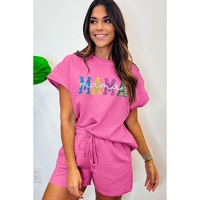 Strawberry Pink Sequined MAMA Letter Graphic Textured Short 2pcs Set - XL thumbnail