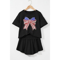 Black Sequined Flag Bow Pattern Short 2pcs Skort Set - L thumbnail