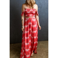 Red Floral Shirred Off Shoulder Crop Top and Slit Maxi Skirt Set - S thumbnail
