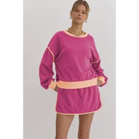 Rose Red Color Contrast Loose Pullover and Lace-up Waist Skort Set - S thumbnail