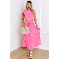 Bonbon Textured Ruffle Trim Crop Vest Lace-up Long Skirt Set - M thumbnail