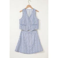 Sky Blue Stripe Buttoned Office Waistcoat Mini Skirt Set - XL thumbnail