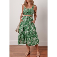 Green Floral Print Shirred Crop Top and High Waist Midi Skirt Set - L thumbnail