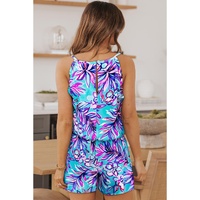 Purple Floral Print Pocketed Frill Sleeveless Romper - L thumbnail