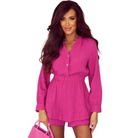 Azura Exchange Rose Textured Tiered Ruffled Buttoned Long Sleeve Romper - L thumbnail
