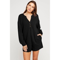 Black Brushed Ribbed Button Split V Neck Long Sleeve Romper - L thumbnail