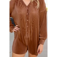 Ribbed Long Sleeve Button Front Romper - L thumbnail