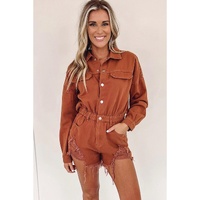 Gold Flame Long Sleeve Snap Buttons Distressed Denim Romper - L thumbnail