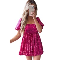 Rose Red Short Puff Sleeve Sequin Babydoll Romper - XL thumbnail