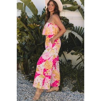 Multicolour Floral Print Ruffled High Waist Tube Top Loose Jumpsuit - M thumbnail