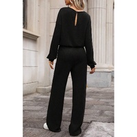 Black Solid Ribbed Knit Keyhole Back High Waist Jumpsuit - S thumbnail