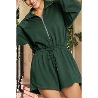 Blackish Green Collared Half Zip French Terry Knit Drawstring Casual Romper - S thumbnail