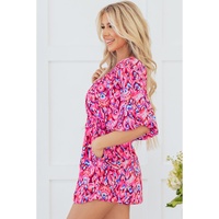 Pink Abstract Print Puff Sleeve V Neck High Waist Romper - L thumbnail