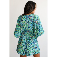 Green Abstract Print Puff Sleeve V Neck High Waist Romper - L thumbnail