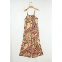 Red Paisley Printed Spaghetti Straps Elegant Wide Leg Jumpsuit - L thumbnail