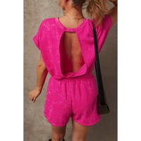 Rose Red Mineral Wash Drawstring Waist Hollow Out Back Short Sleeve Romper - L thumbnail