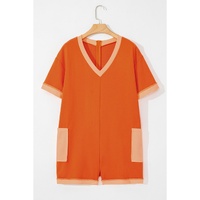 Russet Orange Two-tone Short Sleeve V Neck Patched Pocket Loose Romper - L thumbnail