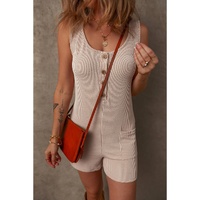 Parchment Corded Knit Side Pockets Buttoned Sleeveless Romper - L thumbnail