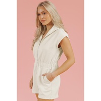 Jet Stream Textured Zipped Front V Neck Collared Casual Romper - L thumbnail