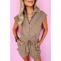Dark Khaki Textured Short Sleeve Half Zip Drawstring Waist Romper - L thumbnail