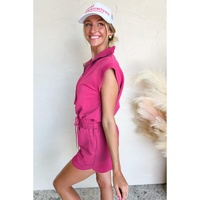 Rose Red Textured Short Sleeve Half Zip Drawstring Waist Romper - M thumbnail