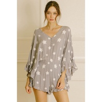 Gray Star Print Crinkle Textured Kimono Ruffle Sleeve Romper - XL thumbnail