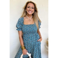 Blue Vintage Boho Floral Smocked Short Puff Sleeve Wide Leg Jumpsuit - M thumbnail
